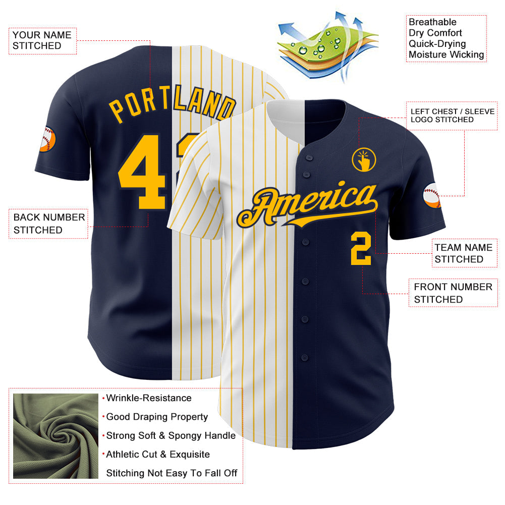 Custom Navy White-Gold Pinstripe Authentic Split Fashion Baseball Jersey - Sky-Custom