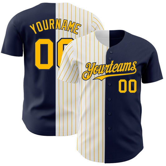 Custom Navy White-Gold Pinstripe Authentic Split Fashion Baseball Jersey - Sky-Custom