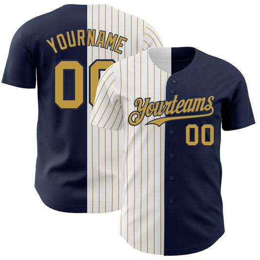 Custom Navy White-Old Gold Pinstripe Authentic Split Fashion Baseball Jersey - Sky-Custom