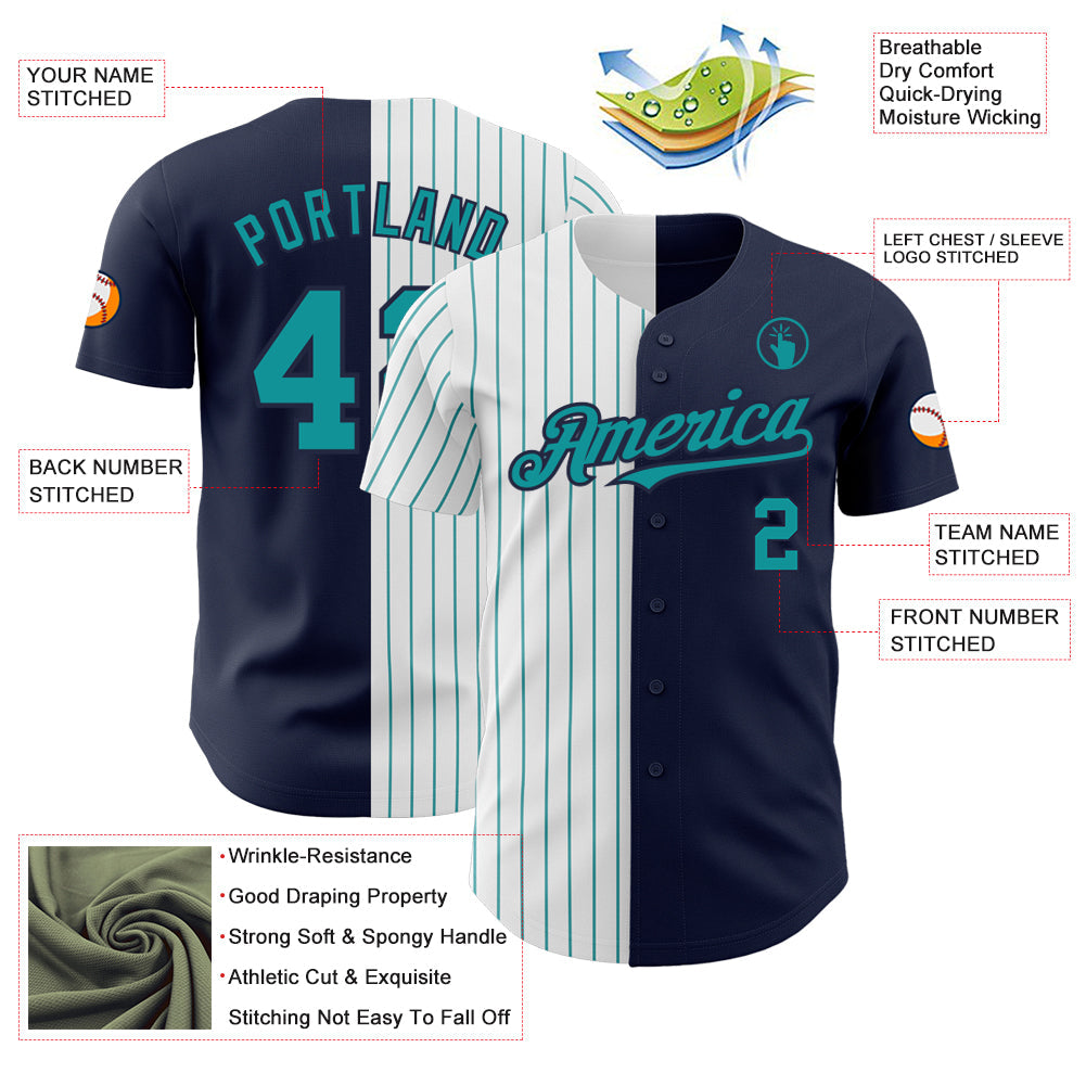 Custom Navy White-Teal Pinstripe Authentic Split Fashion Baseball Jersey - Sky-Custom