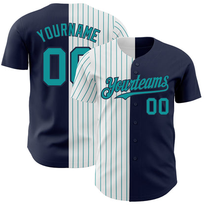 Custom Navy White-Teal Pinstripe Authentic Split Fashion Baseball Jersey - Sky-Custom