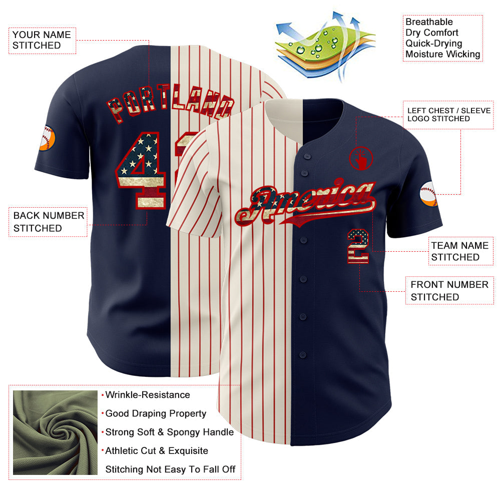 Custom Navy Vintage USA Flag Cream-Red Pinstripe Authentic Split Fashion Baseball Jersey - Sky-Custom
