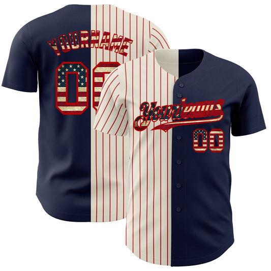 Custom Navy Vintage USA Flag Cream-Red Pinstripe Authentic Split Fashion Baseball Jersey - Sky-Custom