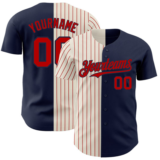 Custom Navy Cream-Red Pinstripe Authentic Split Fashion Baseball Jersey - Sky-Custom