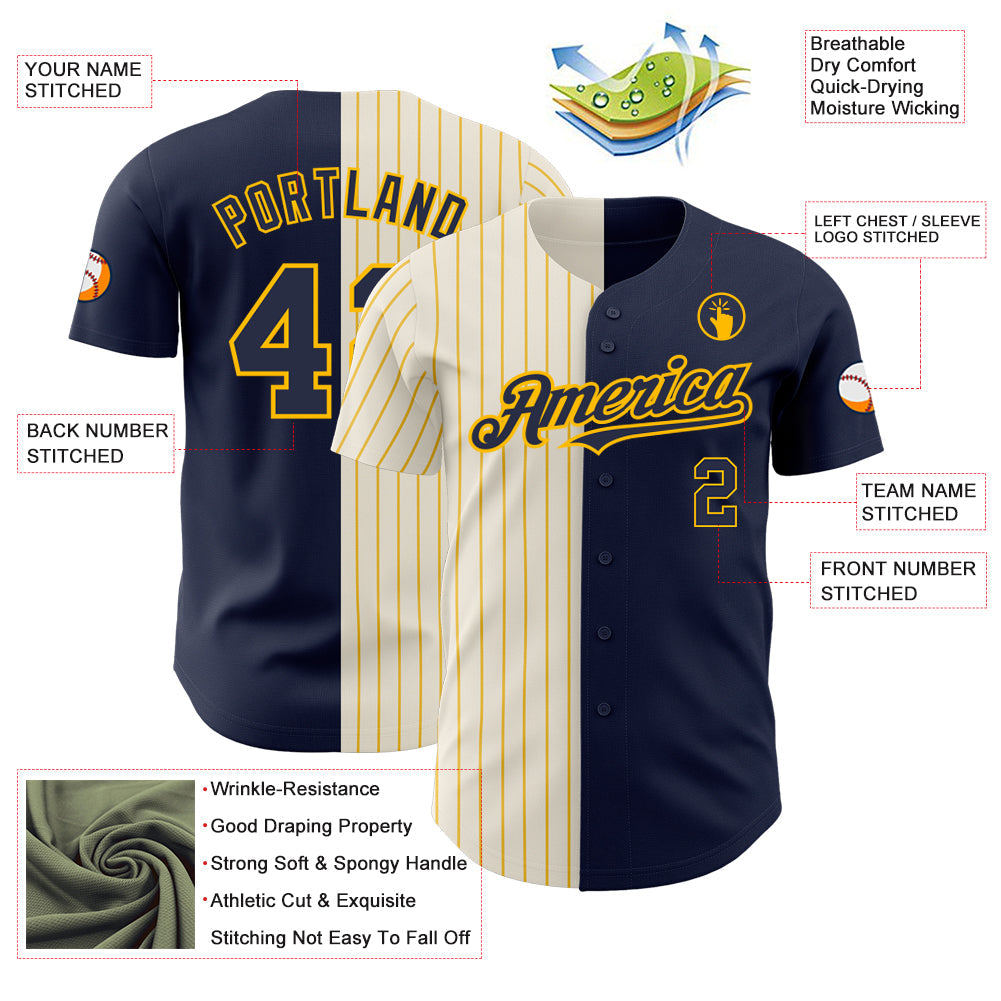 Custom Navy Cream-Gold Pinstripe Authentic Split Fashion Baseball Jersey - Sky-Custom