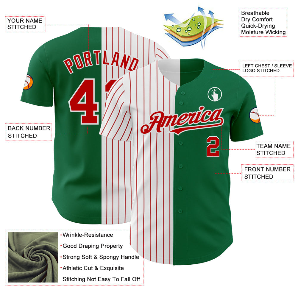 Custom Kelly Green White-Red Pinstripe Authentic Split Fashion Baseball Jersey - Sky-Custom