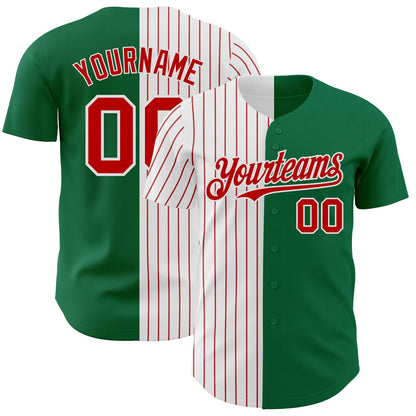 Custom Kelly Green White-Red Pinstripe Authentic Split Fashion Baseball Jersey - Sky-Custom