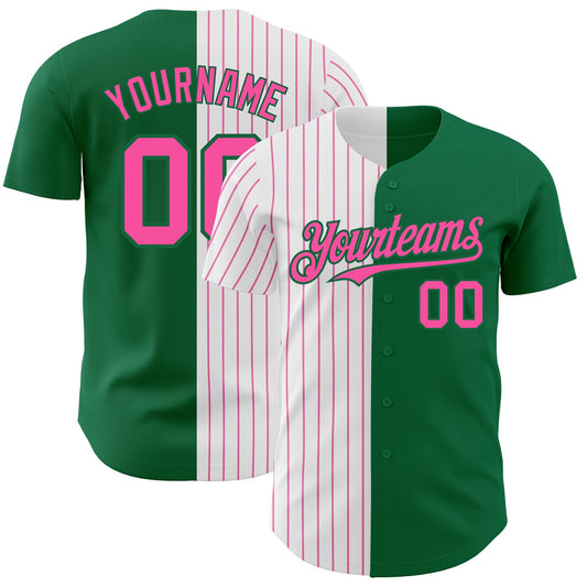 Custom Kelly Green White-Pink Pinstripe Authentic Split Fashion Baseball Jersey - Sky-Custom
