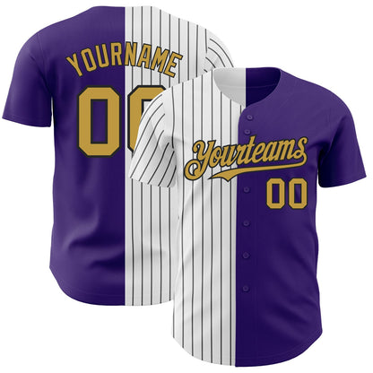 Custom Purple Old Gold-Black Pinstripe Authentic Split Fashion Baseball Jersey - Sky-Custom
