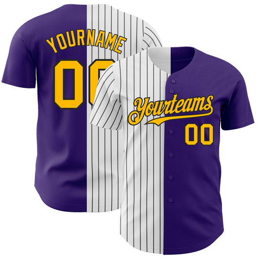 Custom Purple Gold-Black Pinstripe Authentic Split Fashion Baseball Jersey - Sky-Custom