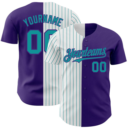 Custom Purple White-Teal Pinstripe Authentic Split Fashion Baseball Jersey - Sky-Custom