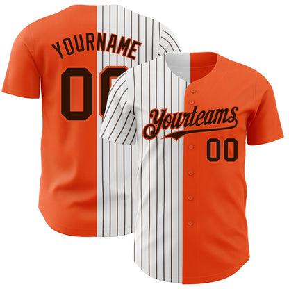 Custom Orange White-Brown Pinstripe Authentic Split Fashion Baseball Jersey - Sky-Custom