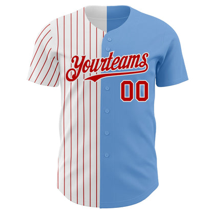 Custom Light Blue White-Red Pinstripe Authentic Split Fashion Baseball Jersey - Sky-Custom
