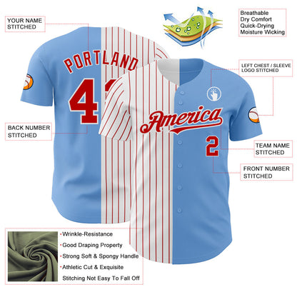 Custom Light Blue White-Red Pinstripe Authentic Split Fashion Baseball Jersey - Sky-Custom