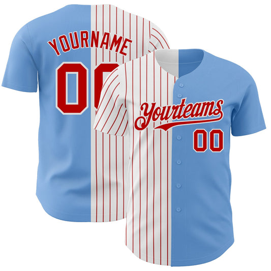 Custom Light Blue White-Red Pinstripe Authentic Split Fashion Baseball Jersey - Sky-Custom