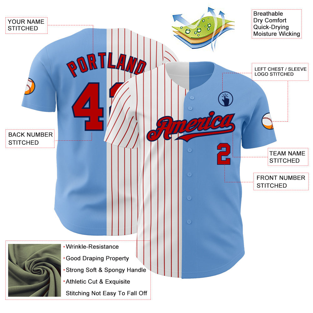 Custom Light Blue Navy-Red Pinstripe Authentic Split Fashion Baseball Jersey - Sky-Custom