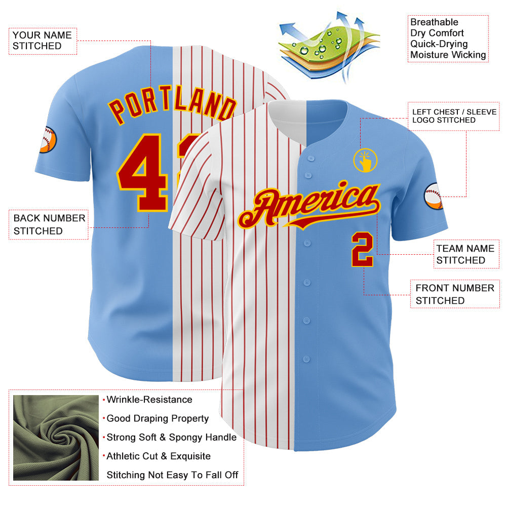 Custom Light Blue Yellow-Red Pinstripe Authentic Split Fashion Baseball Jersey - Sky-Custom