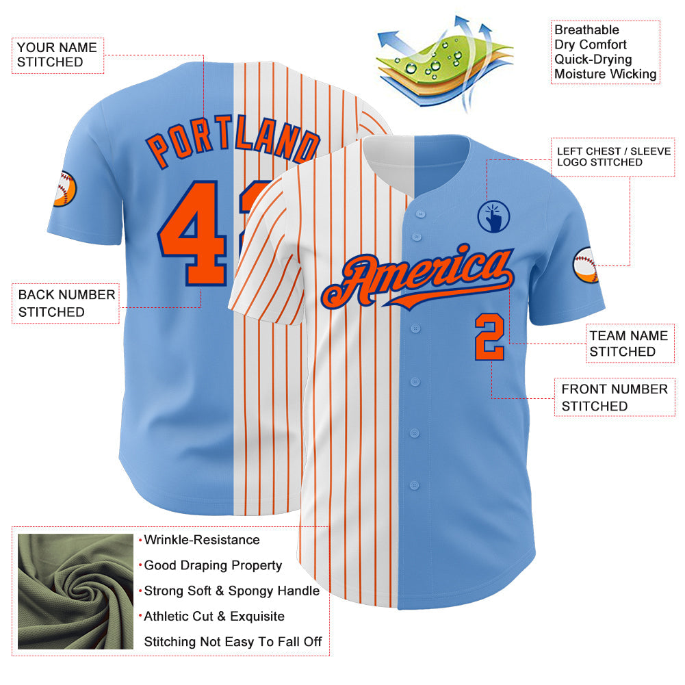 Custom Light Blue Royal-Orange Pinstripe Authentic Split Fashion Baseball Jersey - Sky-Custom