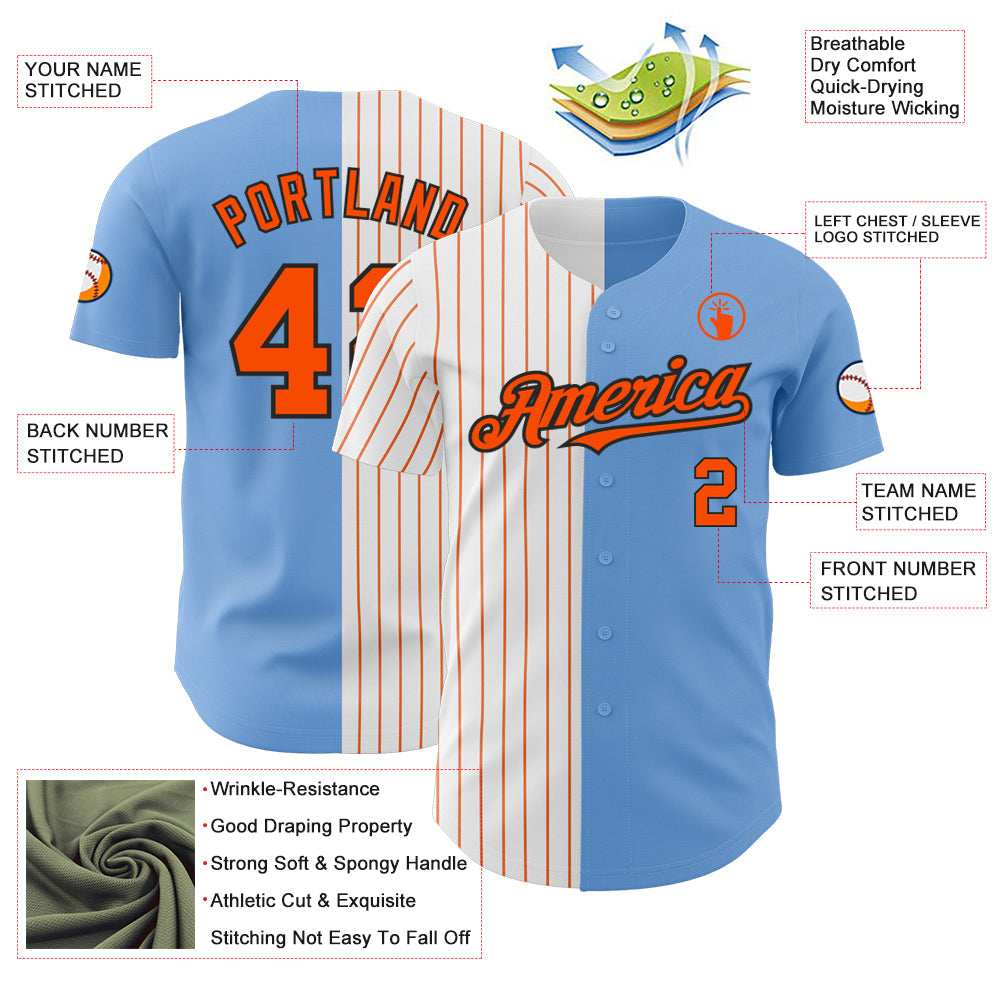 Custom Light Blue Black-Orange Pinstripe Authentic Split Fashion Baseball Jersey - Sky-Custom
