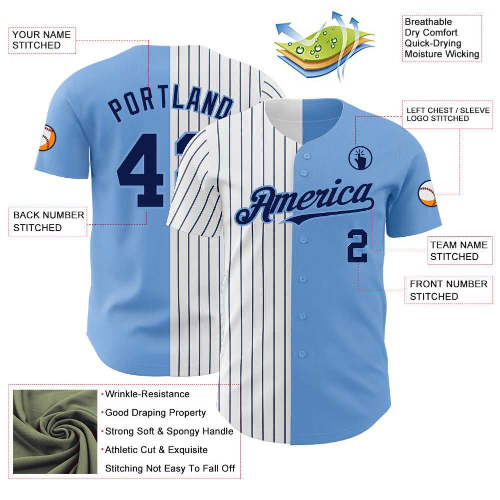 Custom Light Blue White-Navy Pinstripe Authentic Split Fashion Baseball Jersey - Sky-Custom