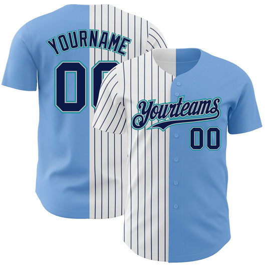 Custom Light Blue Gray Teal-Navy Pinstripe Authentic Split Fashion Baseball Jersey - Sky-Custom