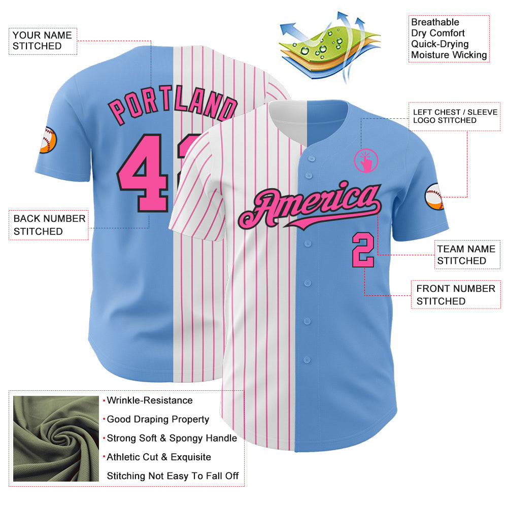 Custom Light Blue Black-Pink Pinstripe Authentic Split Fashion Baseball Jersey - Sky-Custom