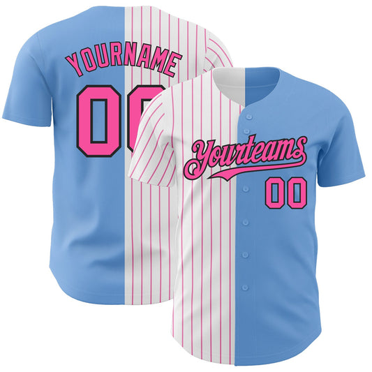 Custom Light Blue Black-Pink Pinstripe Authentic Split Fashion Baseball Jersey - Sky-Custom