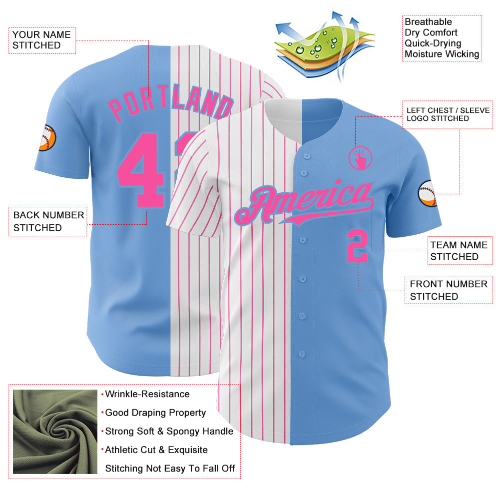 Custom Light Blue White-Pink Pinstripe Authentic Split Fashion Baseball Jersey - Sky-Custom