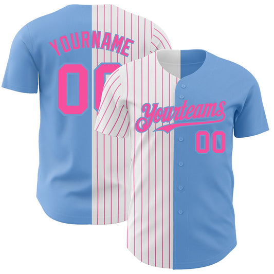 Custom Light Blue White-Pink Pinstripe Authentic Split Fashion Baseball Jersey - Sky-Custom
