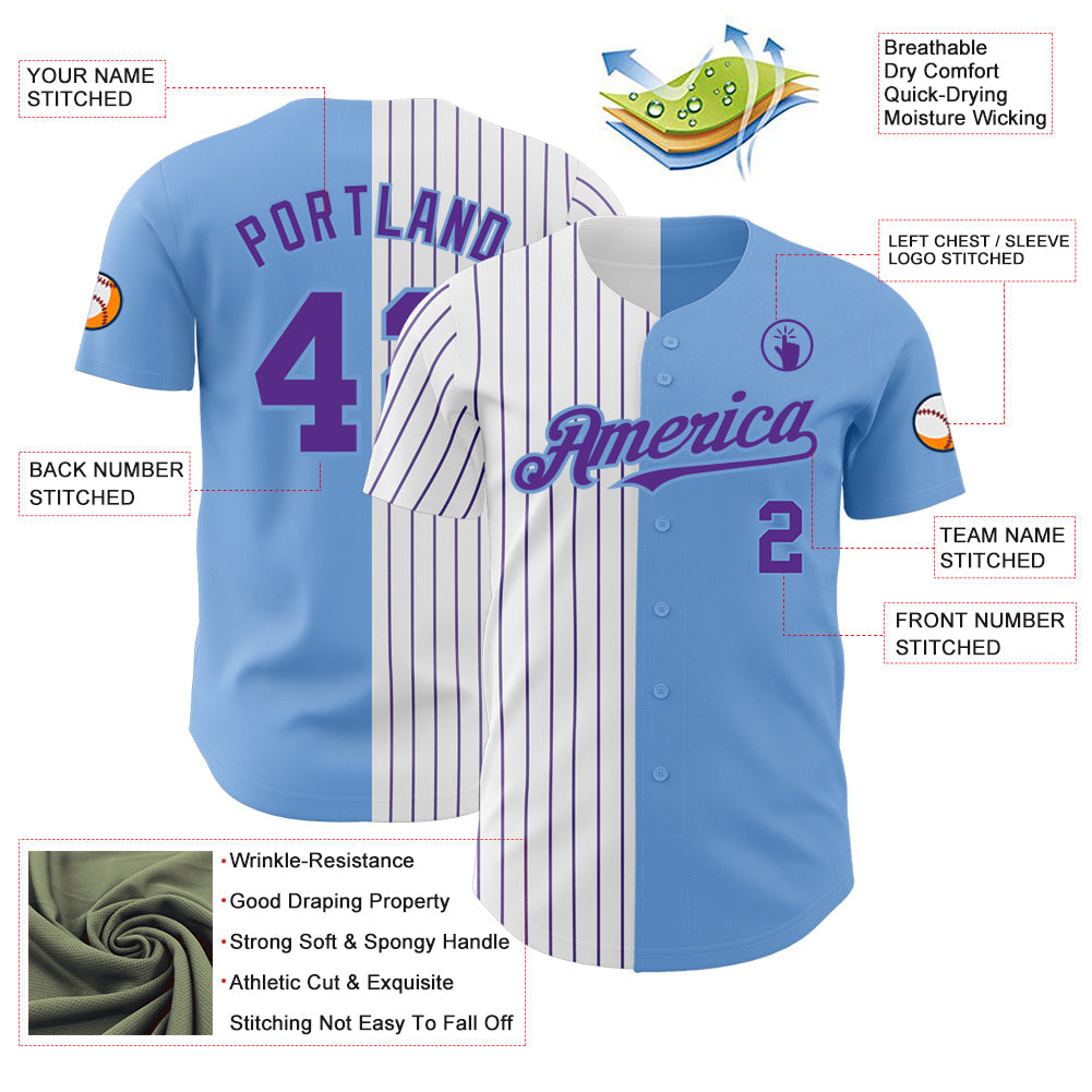 Custom Light Blue White-Purple Pinstripe Authentic Split Fashion Baseball Jersey - Sky-Custom