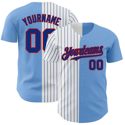Custom Light Blue Red-Royal Pinstripe Authentic Split Fashion Baseball Jersey - Sky-Custom