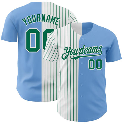 Custom Light Blue White-Kelly Green Pinstripe Authentic Split Fashion Baseball Jersey - Sky-Custom
