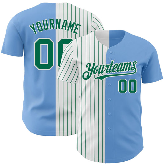 Custom Light Blue White-Kelly Green Pinstripe Authentic Split Fashion Baseball Jersey - Sky-Custom