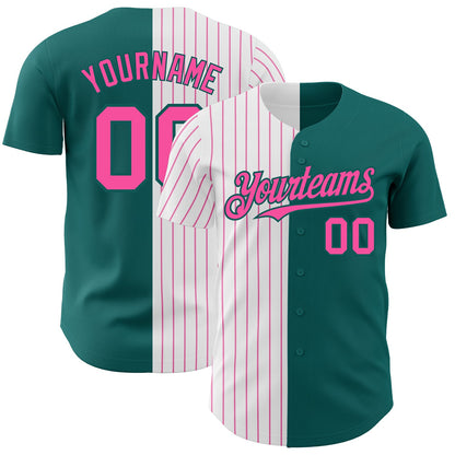 Custom Teal White-Pink Pinstripe Authentic Split Fashion Baseball Jersey - Sky-Custom