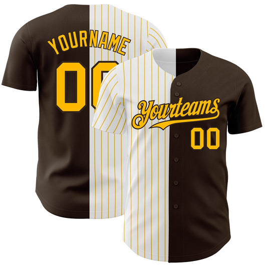 Custom Brown White-Gold Pinstripe Authentic Split Fashion Baseball Jersey - Sky-Custom