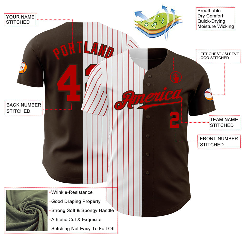 Custom Brown White-Red Pinstripe Authentic Split Fashion Baseball Jersey - Sky-Custom