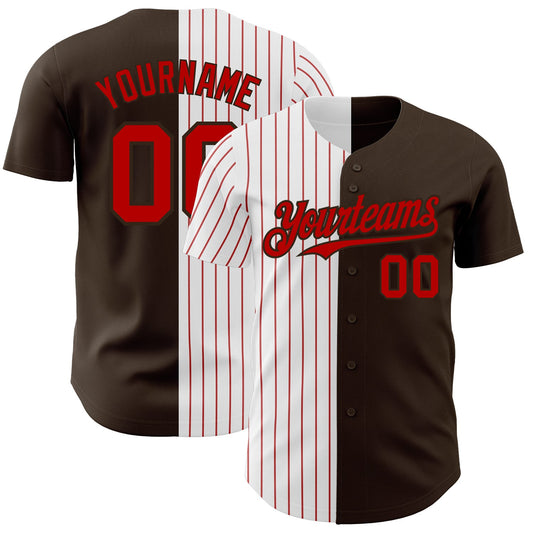 Custom Brown White-Red Pinstripe Authentic Split Fashion Baseball Jersey - Sky-Custom