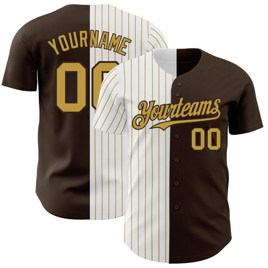 Custom Brown White-Old Gold Pinstripe Authentic Split Fashion Baseball Jersey - Sky-Custom