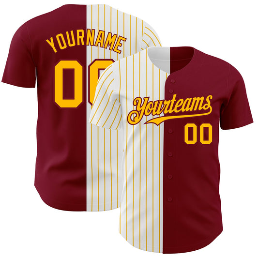 Custom Crimson White-Gold Pinstripe Authentic Split Fashion Baseball Jersey - Sky-Custom