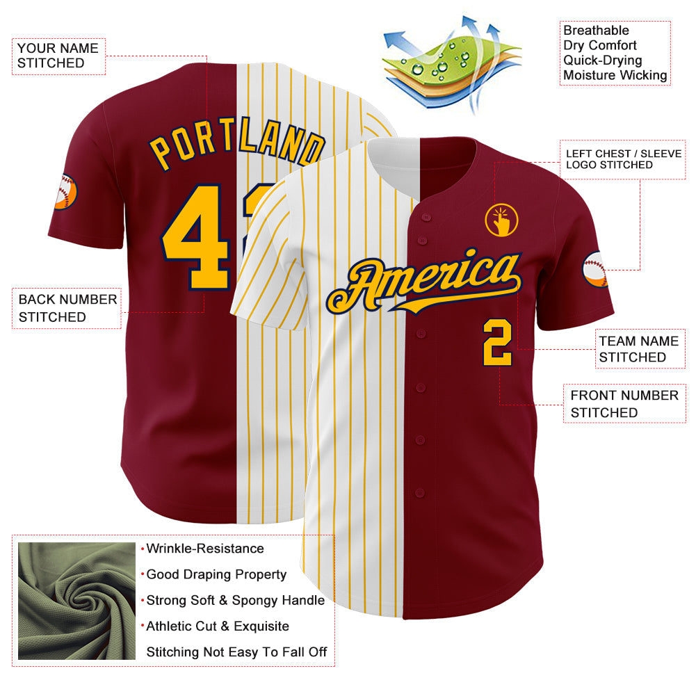 Custom Crimson Navy-Gold Pinstripe Authentic Split Fashion Baseball Jersey - Sky-Custom