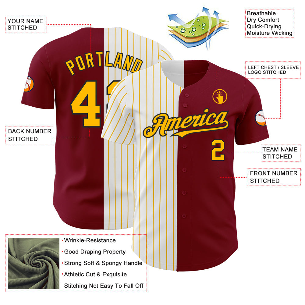 Custom Crimson Black-Gold Pinstripe Authentic Split Fashion Baseball Jersey - Sky-Custom