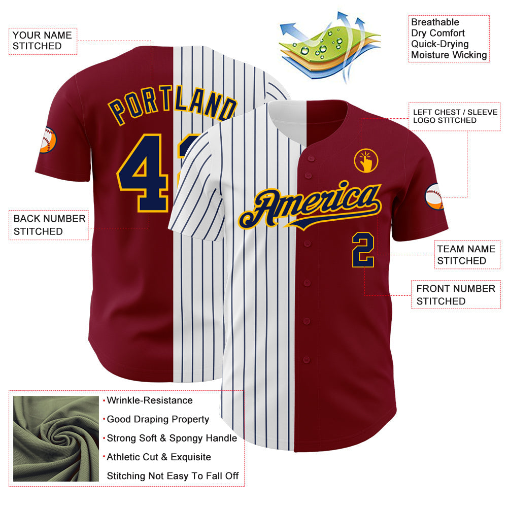 Custom Crimson Gold-Navy Pinstripe Authentic Split Fashion Baseball Jersey - Sky-Custom