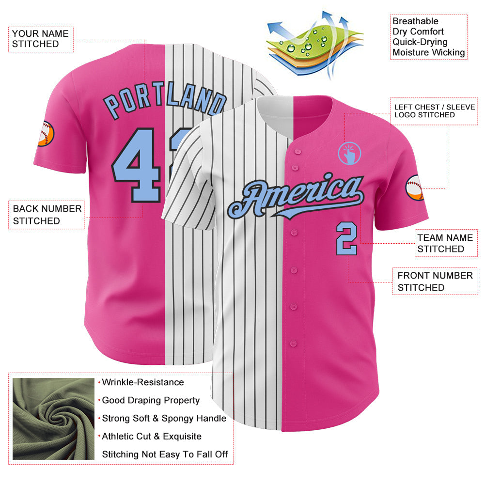 Custom Pink Light Blue-Black Pinstripe Authentic Split Fashion Baseball Jersey - Sky-Custom