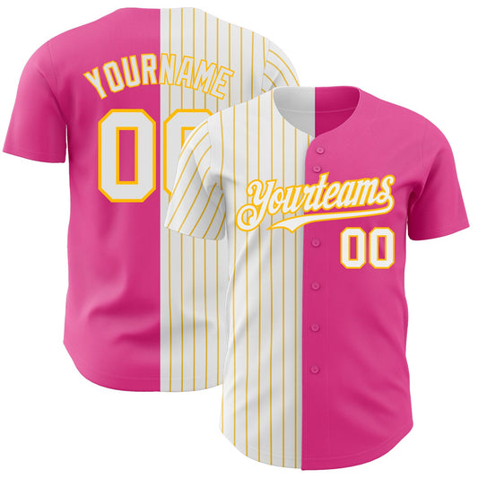 Custom Pink White-Gold Pinstripe Authentic Split Fashion Baseball Jersey - Sky-Custom
