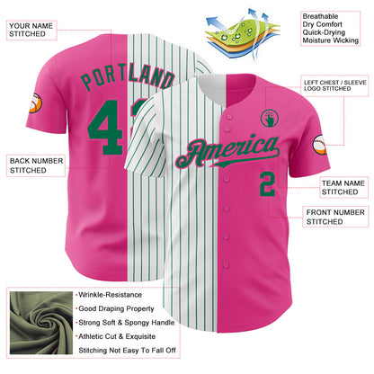 Custom Pink White-Kelly Green Pinstripe Authentic Split Fashion Baseball Jersey - Sky-Custom