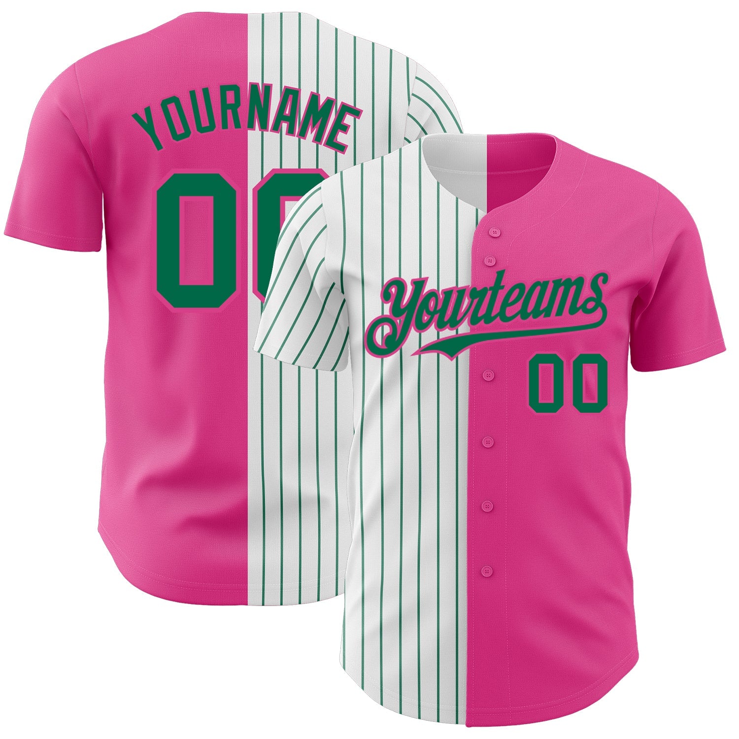 Custom Pink White-Kelly Green Pinstripe Authentic Split Fashion Baseball Jersey - Sky-Custom