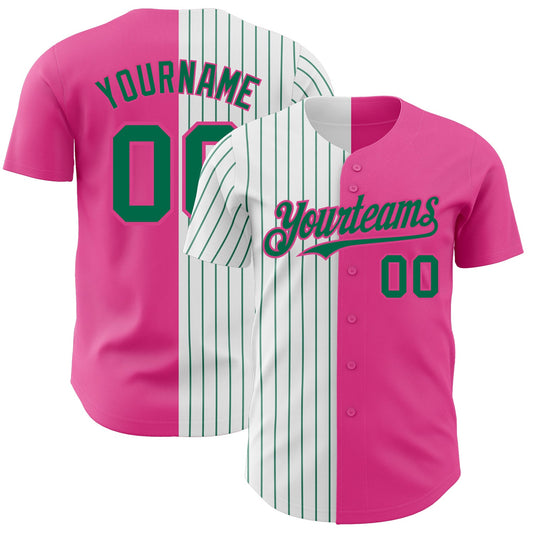 Custom Pink White-Kelly Green Pinstripe Authentic Split Fashion Baseball Jersey - Sky-Custom