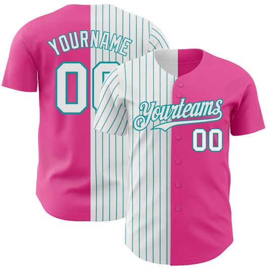 Custom Pink White-Teal Pinstripe Authentic Split Fashion Baseball Jersey - Sky-Custom