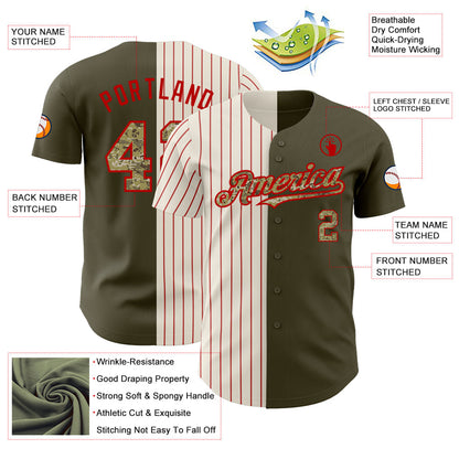 Custom Olive Camo Cream-Red Pinstripe Authentic Split Fashion Salute To Service Baseball Jersey - Sky-Custom