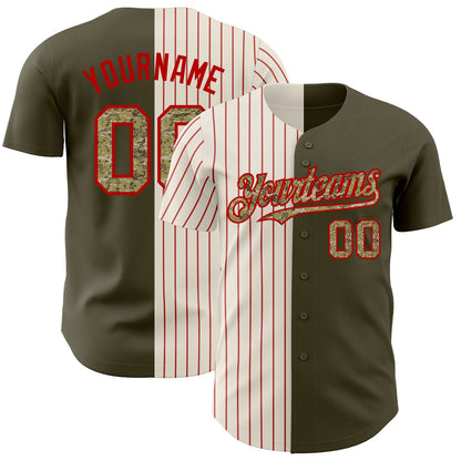 Custom Olive Camo Cream-Red Pinstripe Authentic Split Fashion Salute To Service Baseball Jersey - Sky-Custom